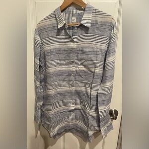 GAP Women's Navy and White Striped Button Down 100% Linen Loose Boyfriend Shirt